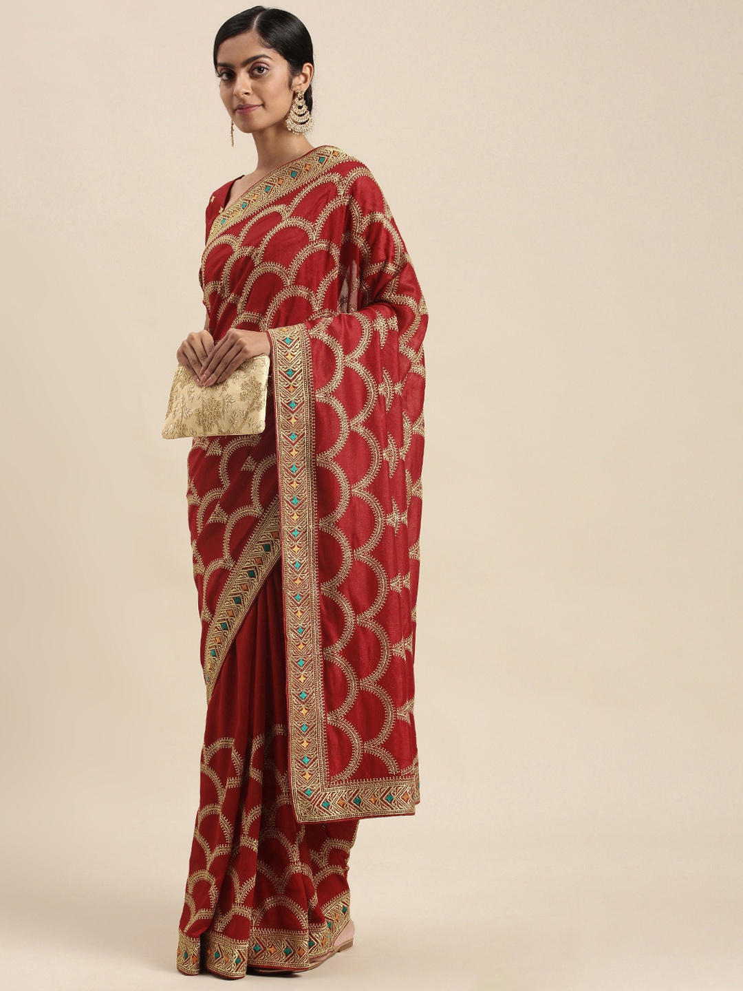 

Mitera Red Embroidered Silk Blend Saree