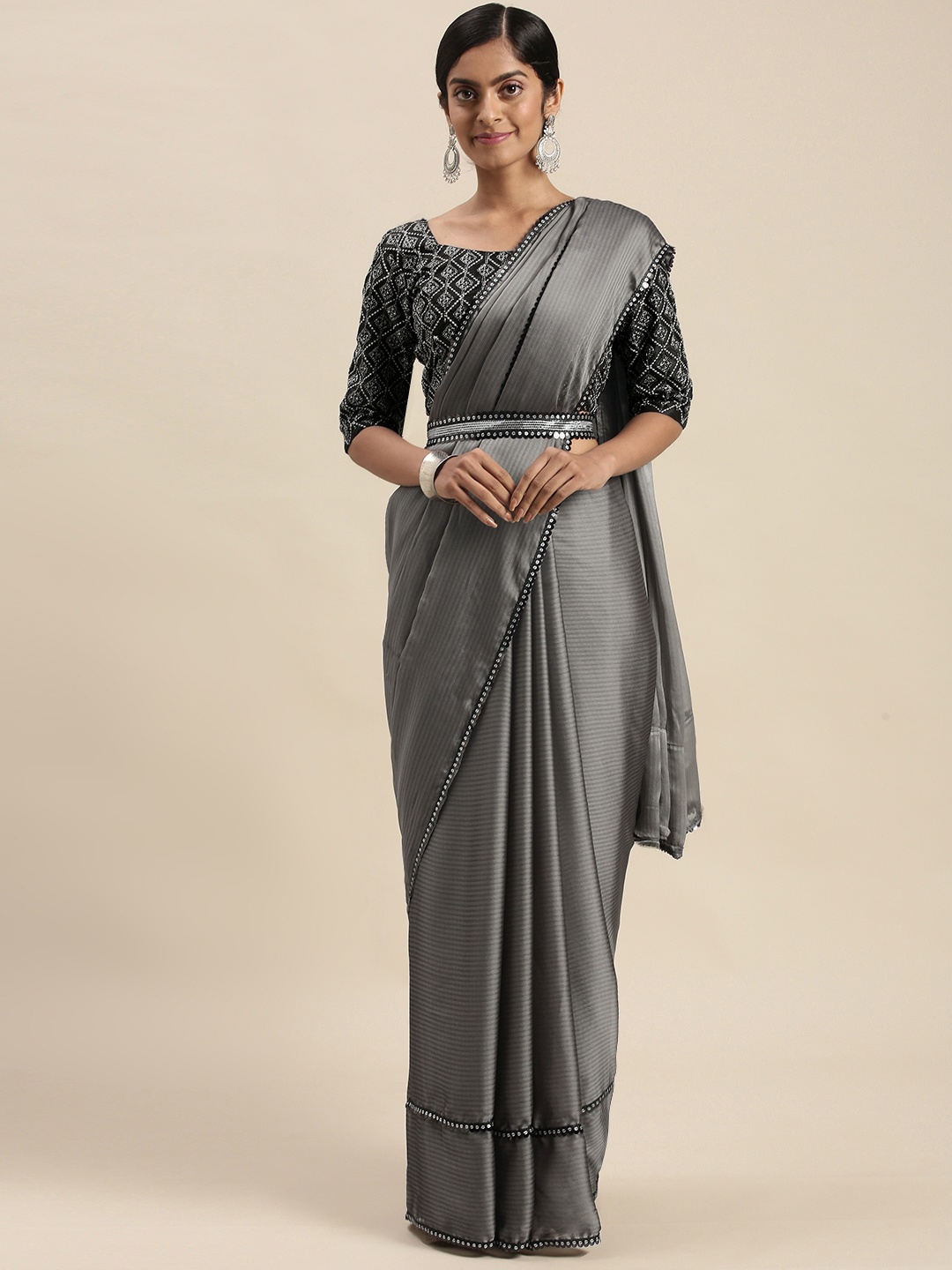 

Mitera Grey Sequinned Border Saree