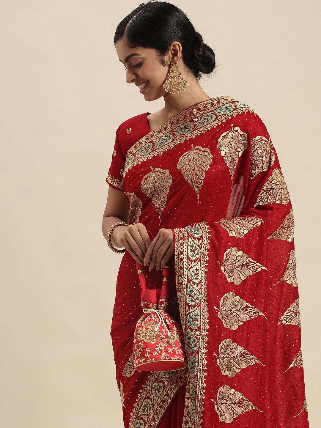 

Mitera Red Floral Beads and Stones Silk Blend Saree
