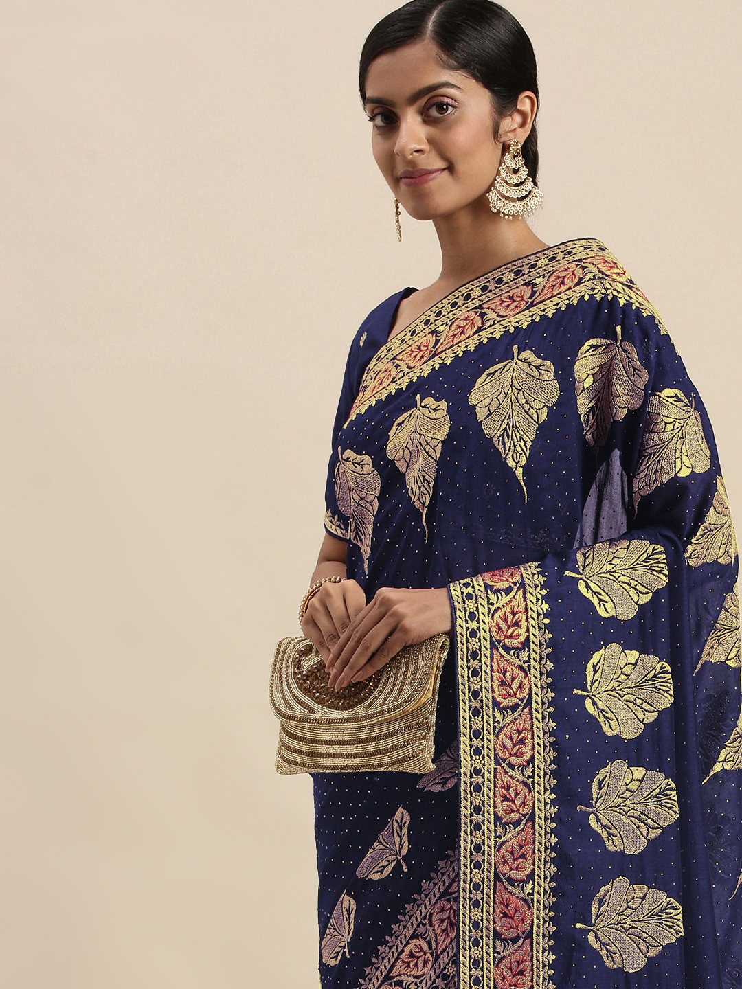 

Mitera Navy Blue Floral Beads and Stones Silk Blend Saree