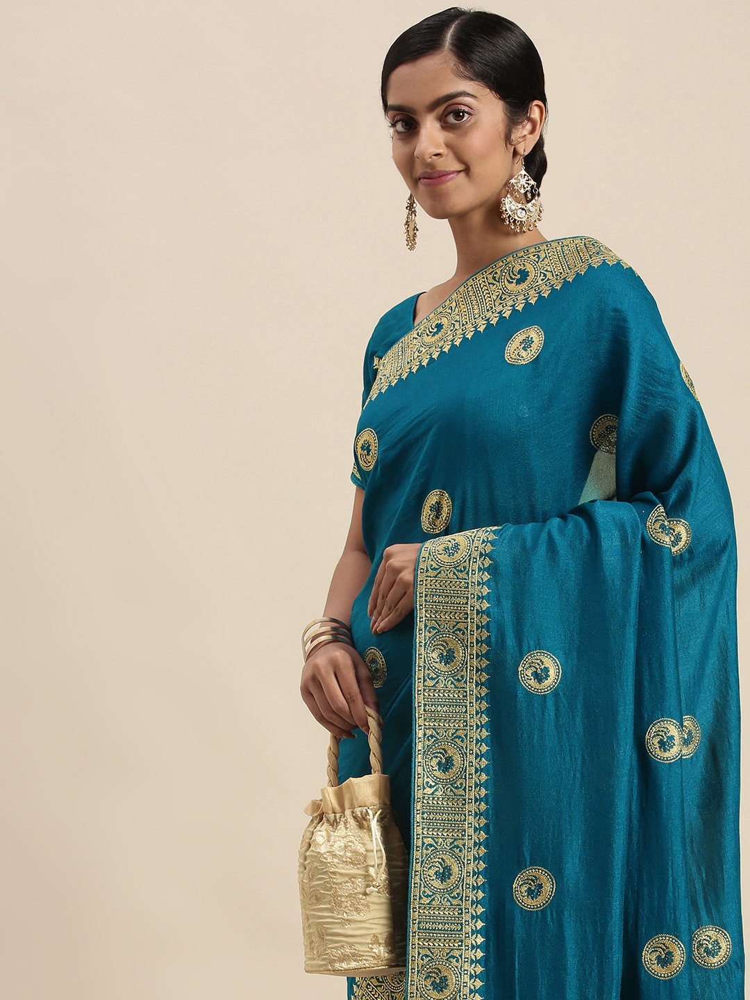 

Mitera Blue Vichitra Ethnic Motifs Embroidered Silk Blend Saree