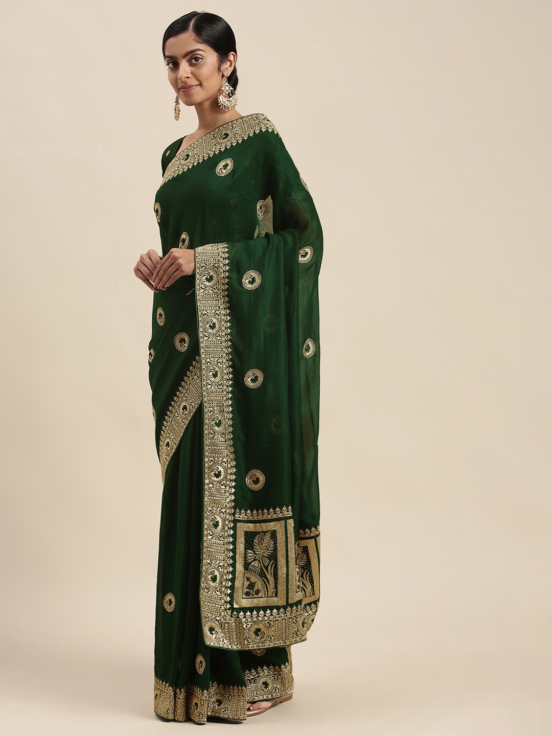 

Mitera Green Vichitra Ethnic Motifs Embroidered Silk Blend Saree