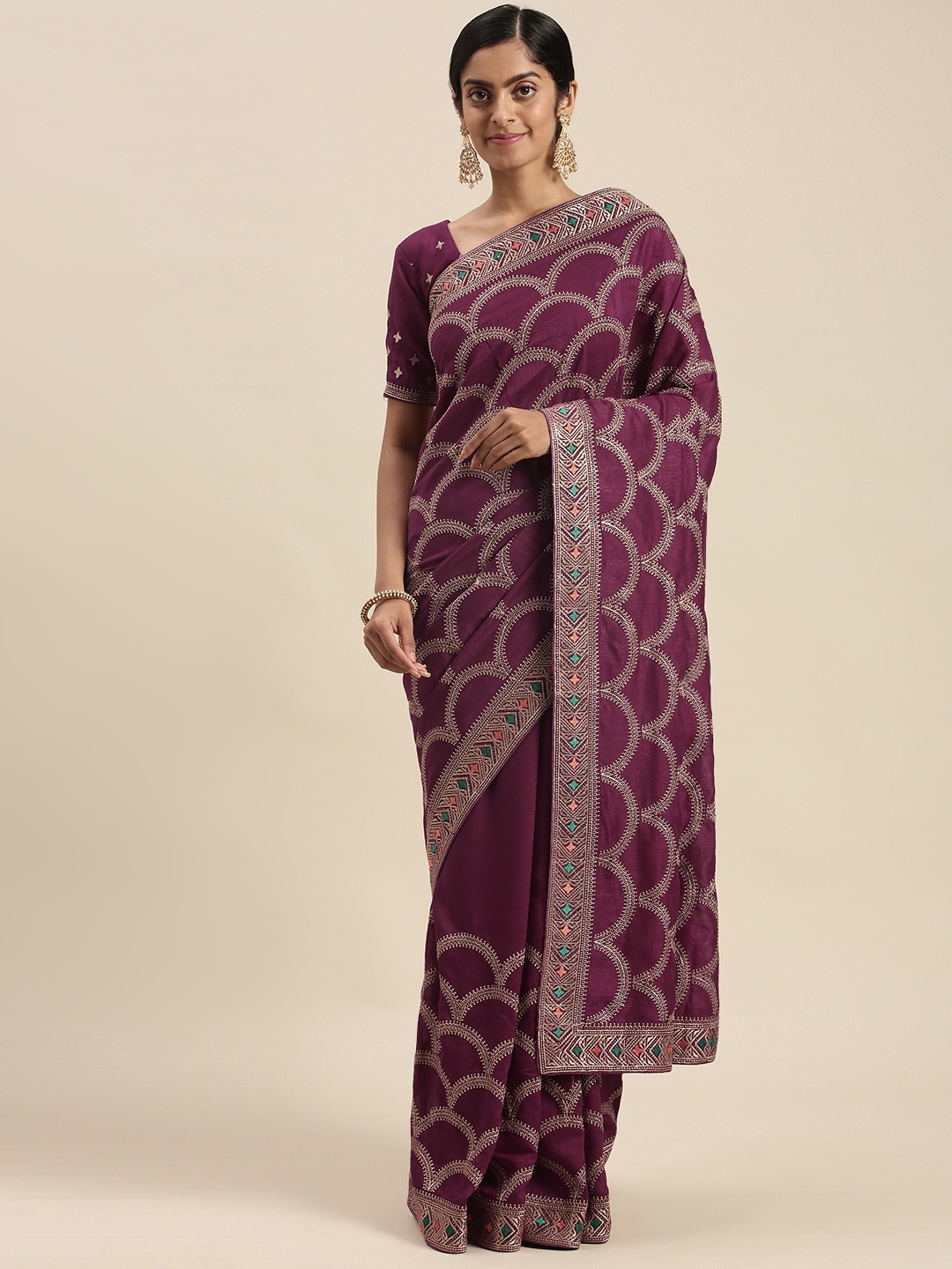 

Mitera Purple Embroidered Silk Blend Saree