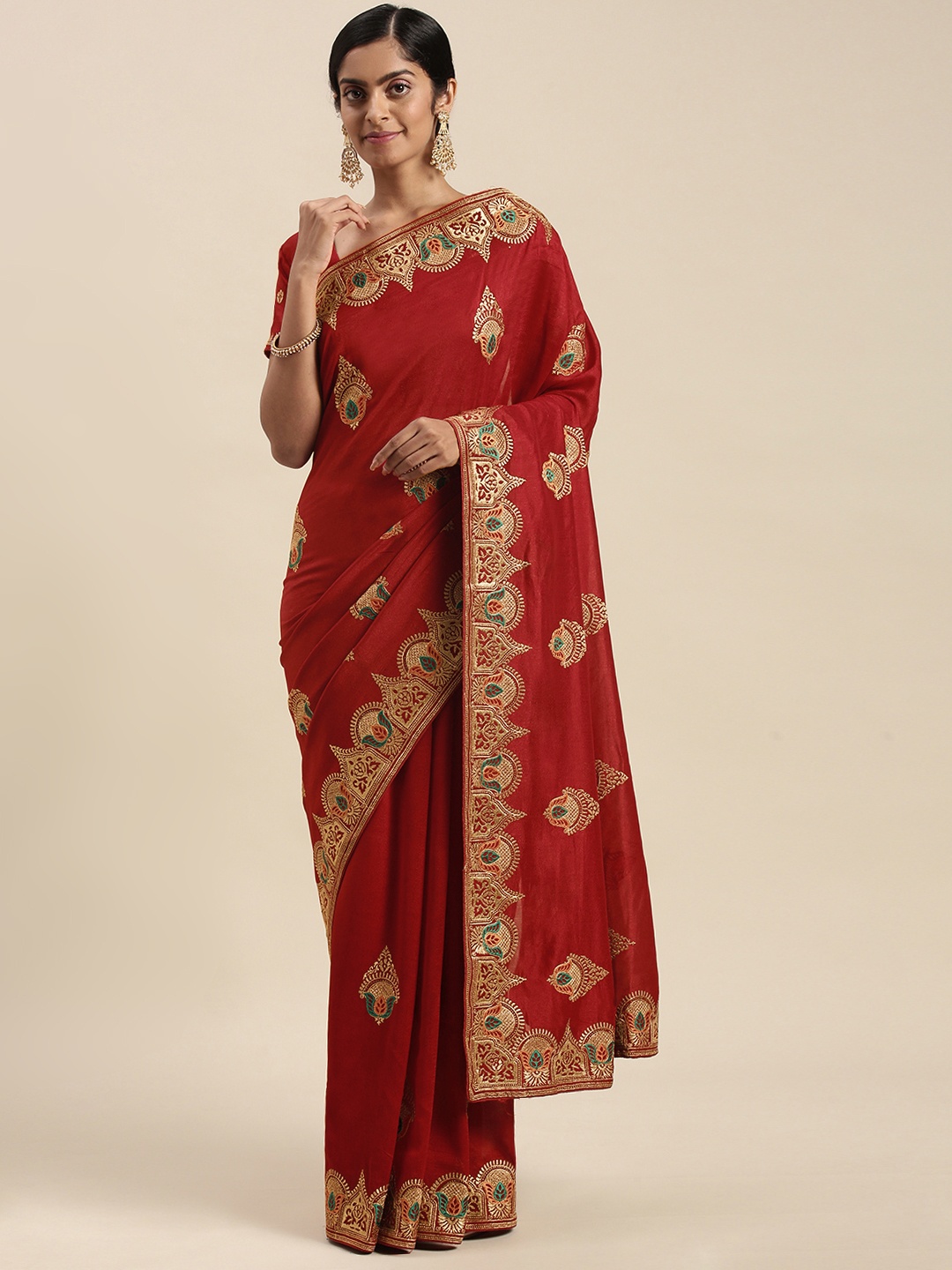 

Mitera Red Ethnic Motifs Silk Blend Saree