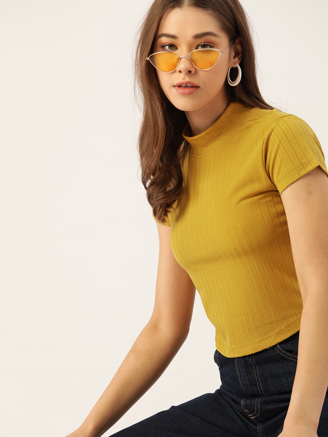 

DressBerry Mustard Yellow High Neck Textured Knit Top