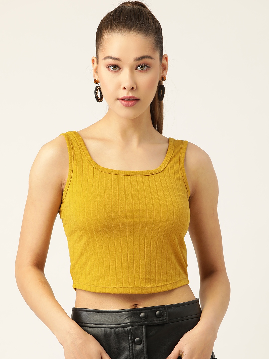 

DressBerry Mustard Yellow Textured Knit Crop Top