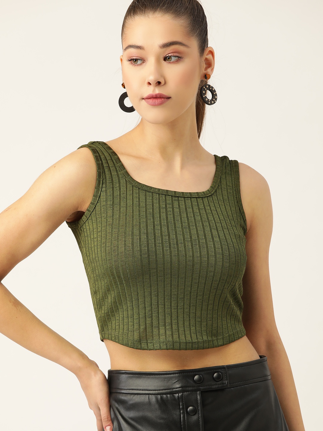

DressBerry Olive Green Textured Knit Crop Top