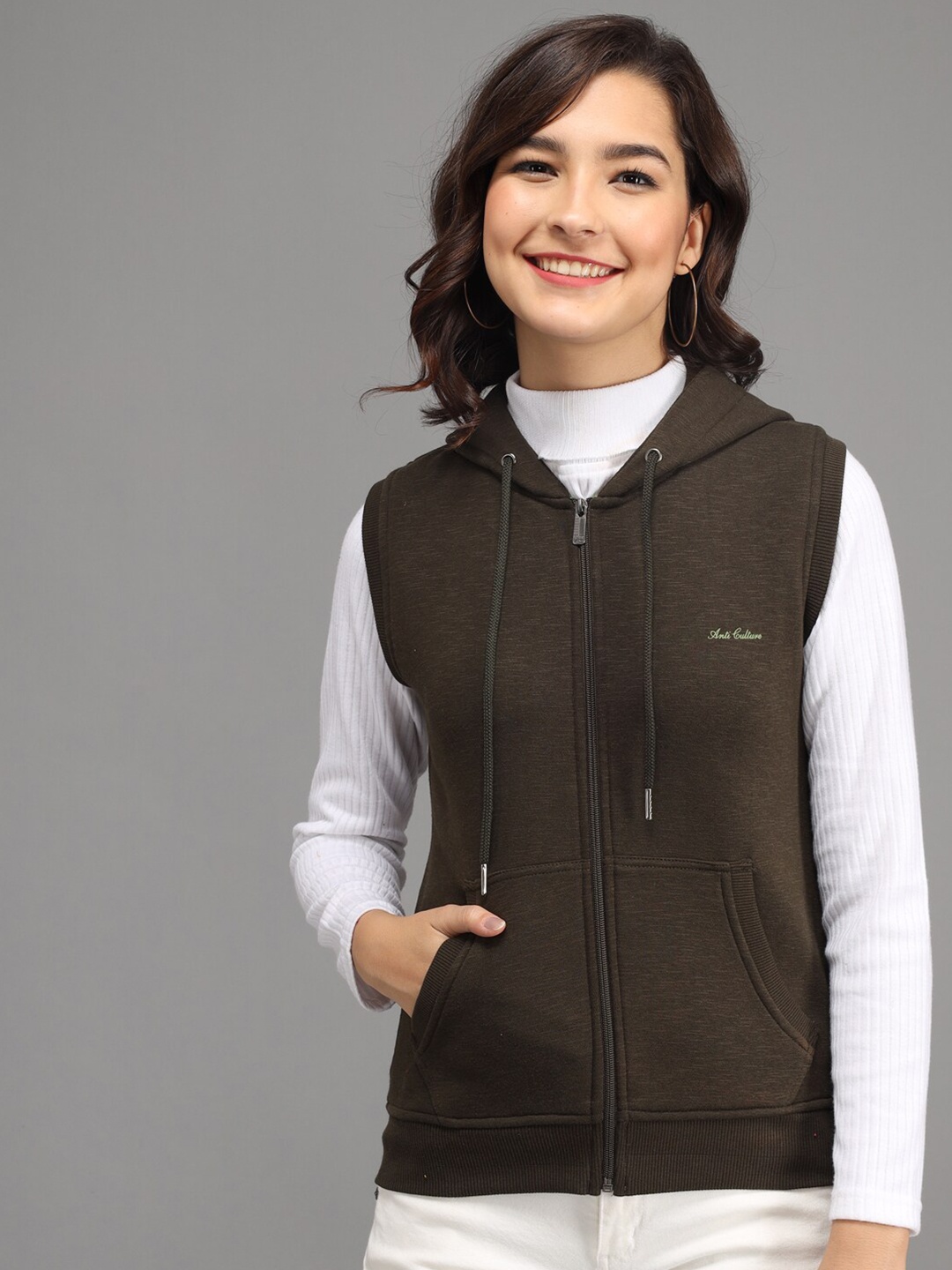 

ANTI CULTURE Women Olive Green Fleece Sweatshirt