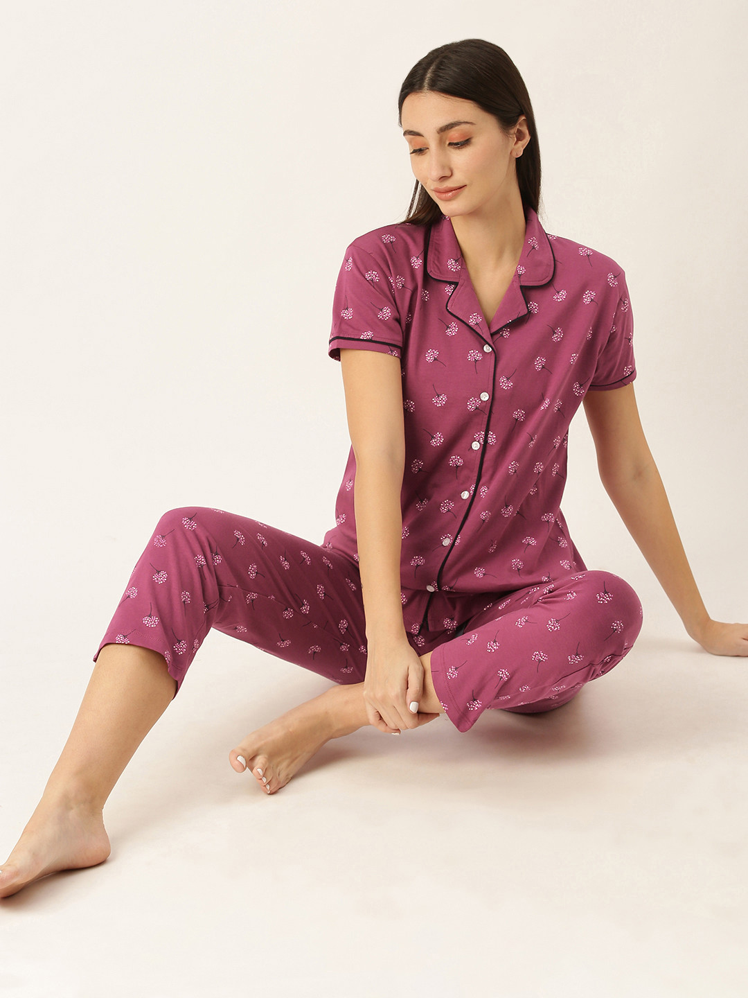 

beebelle Women Burgundy Floral Printed Pure Cotton Night Suit