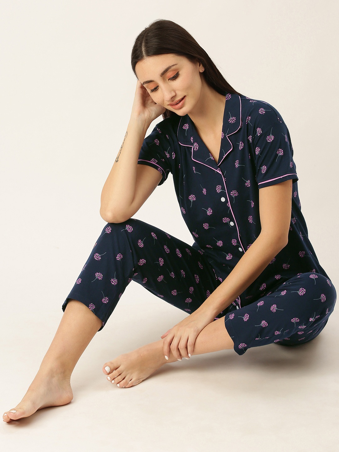 

beebelle Women Navy Blue Printed Pure Cotton Night Suit