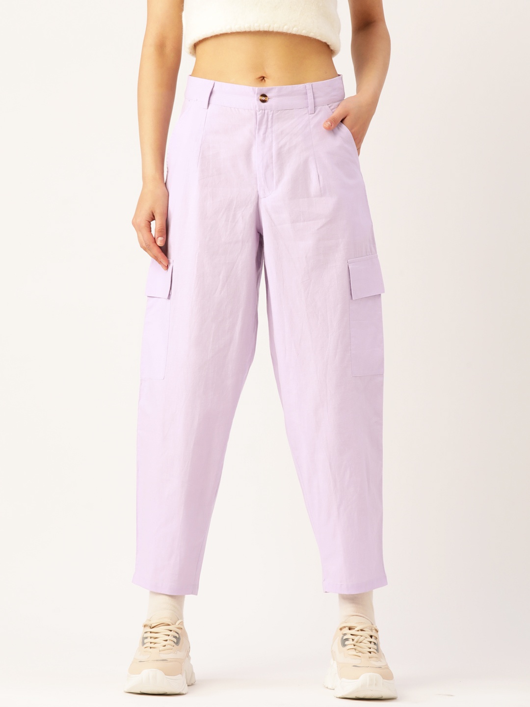 

DressBerry Women Lavender Textured Knit Pure Cotton Cargos Trousers