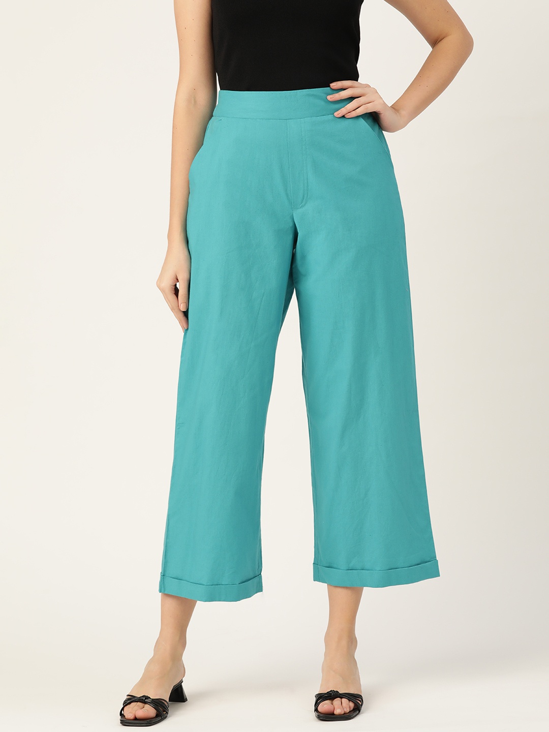 

DressBerry Women Blue Textured Knit Pure Cotton Trousers