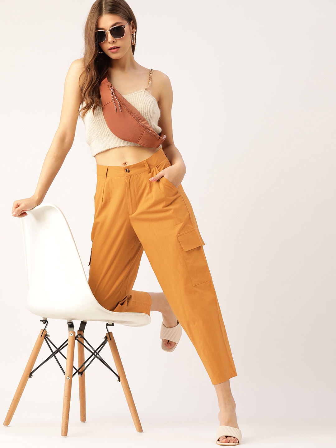 

DressBerry Women Mustard Brown Textured Knit Pure Cotton Cargos Trousers