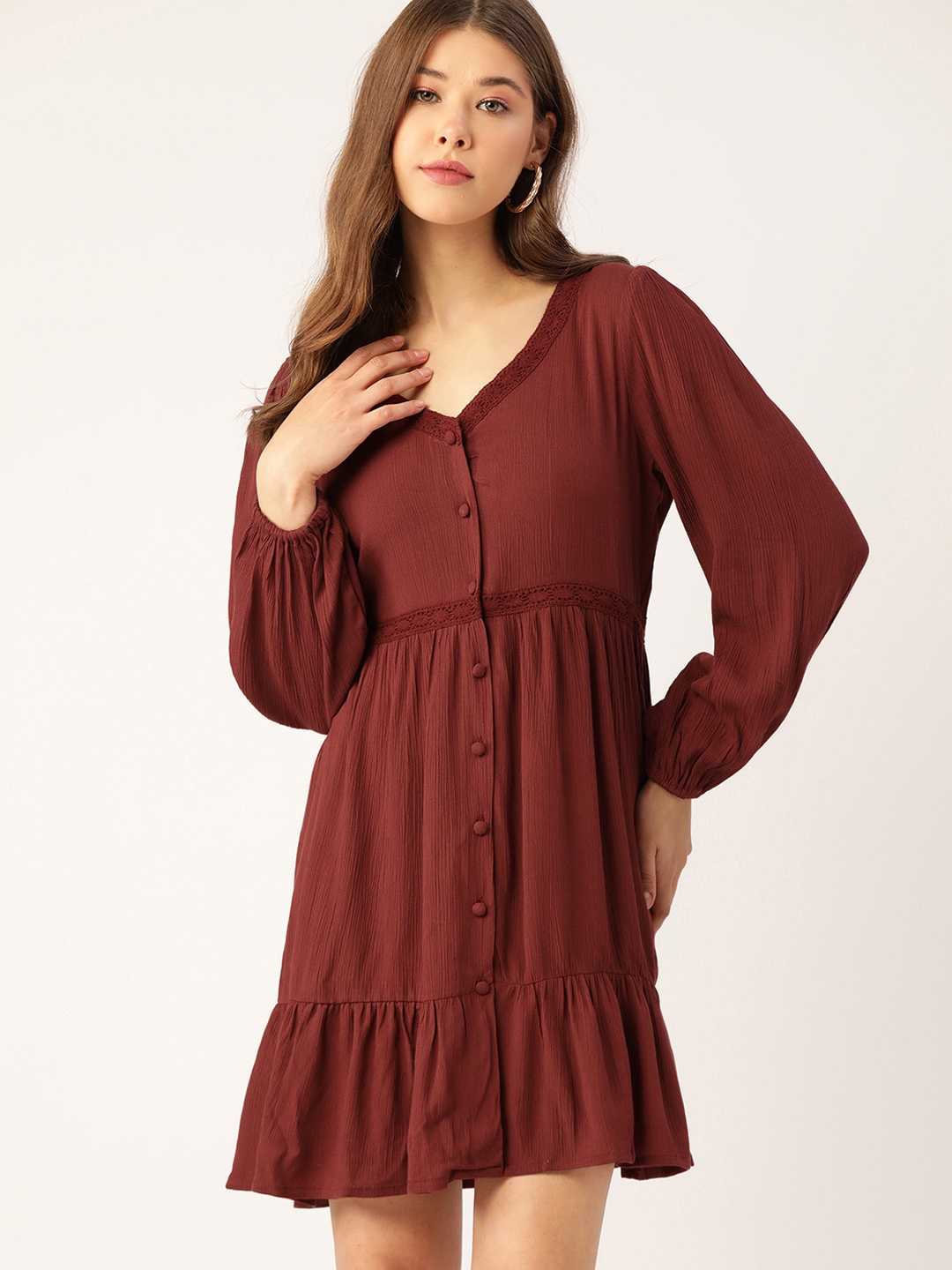 

DressBerry Women Rust Red Textured Knit A-Line Dress