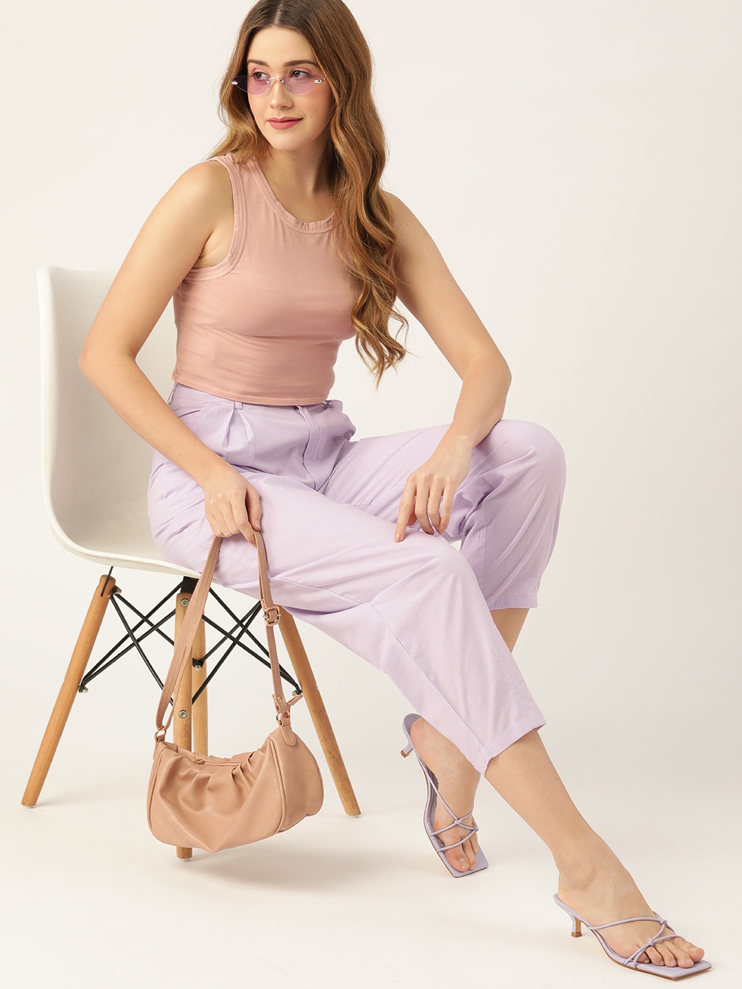 

DressBerry Women Lavender Textured Knit Pleated Pure Cotton Trousers