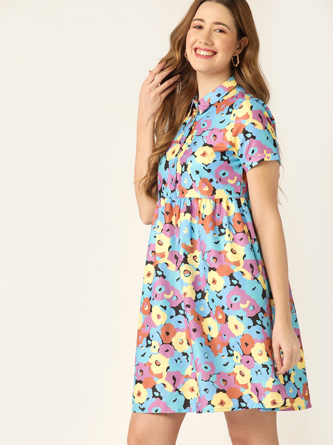 

DressBerry Women Blue & Purple Floral Printed Textured Knit A-Line Dress