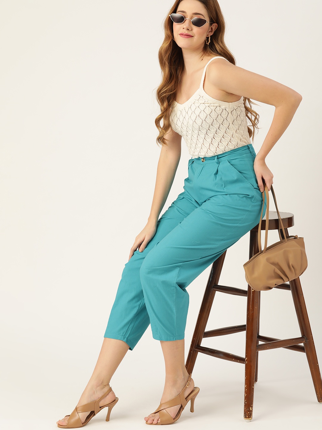 

DressBerry Women Blue Textured Knit Pleated Pure Cotton Trousers