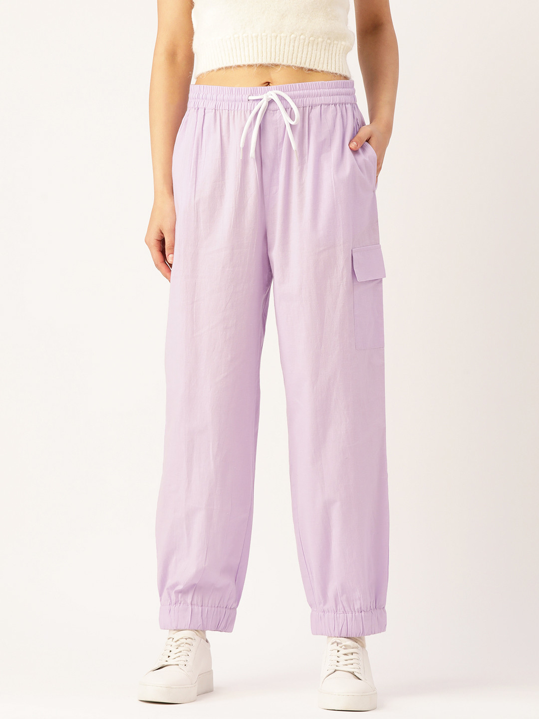 

DressBerry Women Lavender Textured Knit Pure Cotton Joggers Trousers