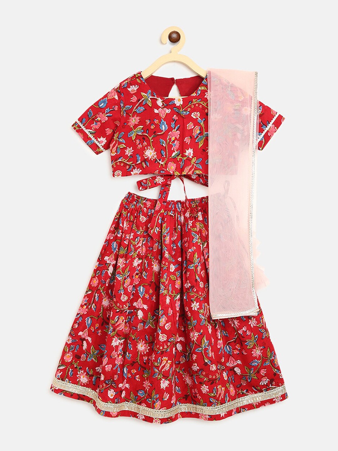 

Tiber Taber Girls Red & Pink Printed Ready to Wear Lehenga & Blouse With Dupatta