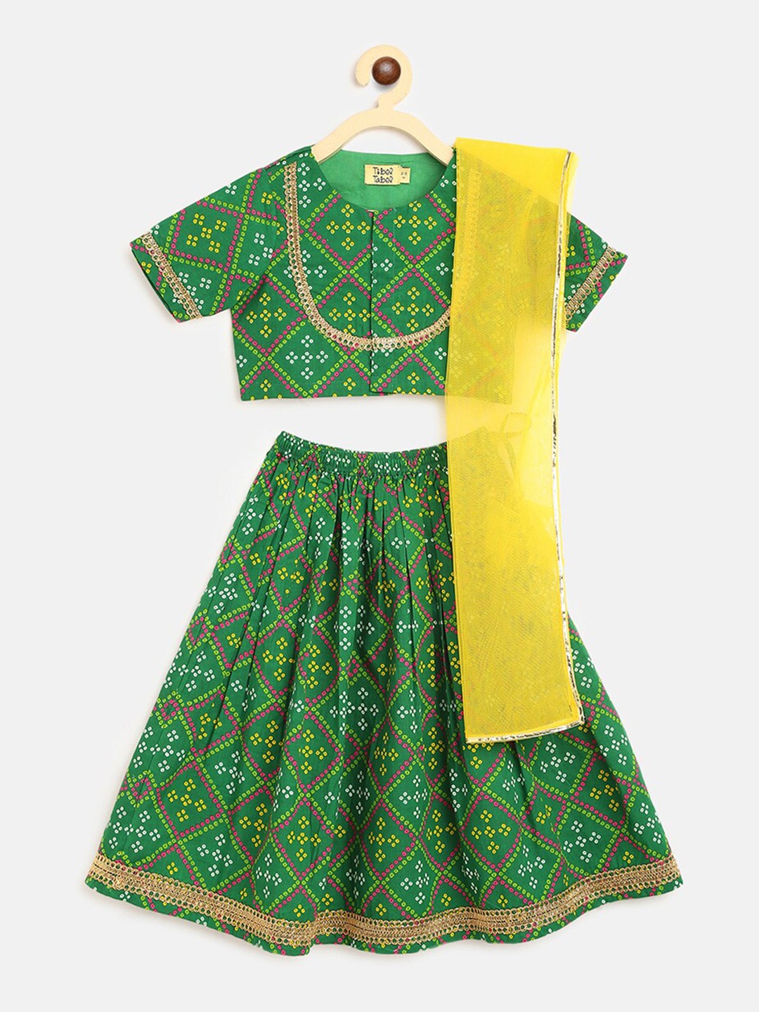 

Tiber Taber Girls Green & Yellow Printed Ready to Wear Lehenga & Blouse With Dupatta