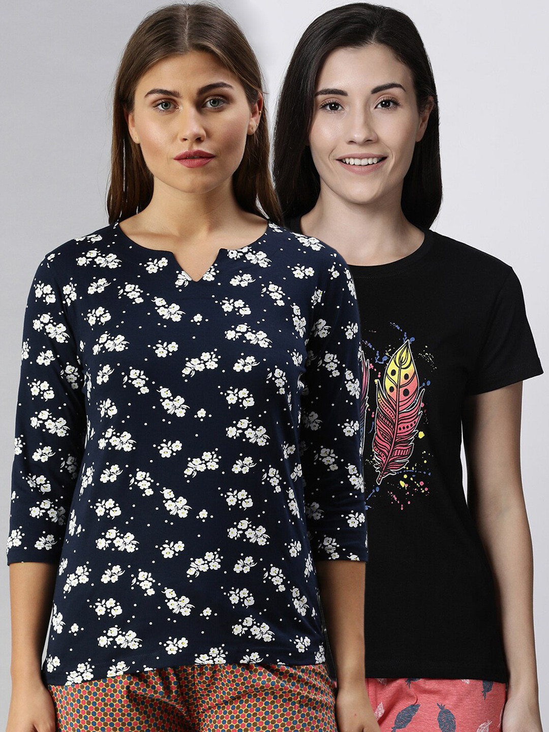 

Kryptic Women Pack Of 2 Printed Pure Cotton Lounge T-Shirts, Black