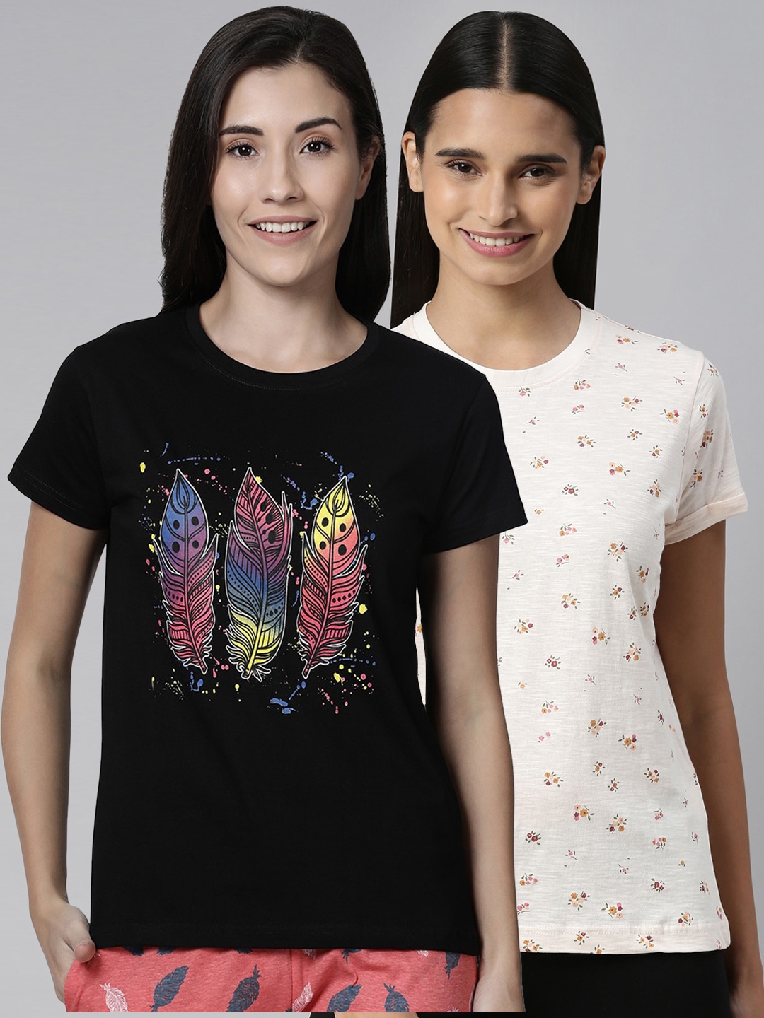 

Kryptic Women Pack Of 2 Printed Pure Cotton T-Shirts, Black