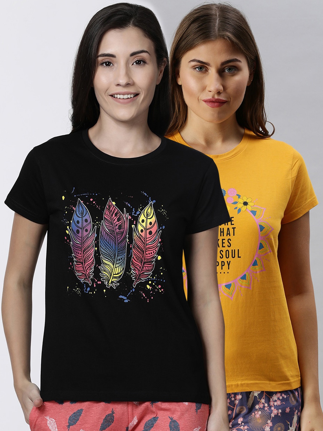 

Kryptic Women Pack Of 2 Printed Pure Cotton Lounge T-Shirts, Black