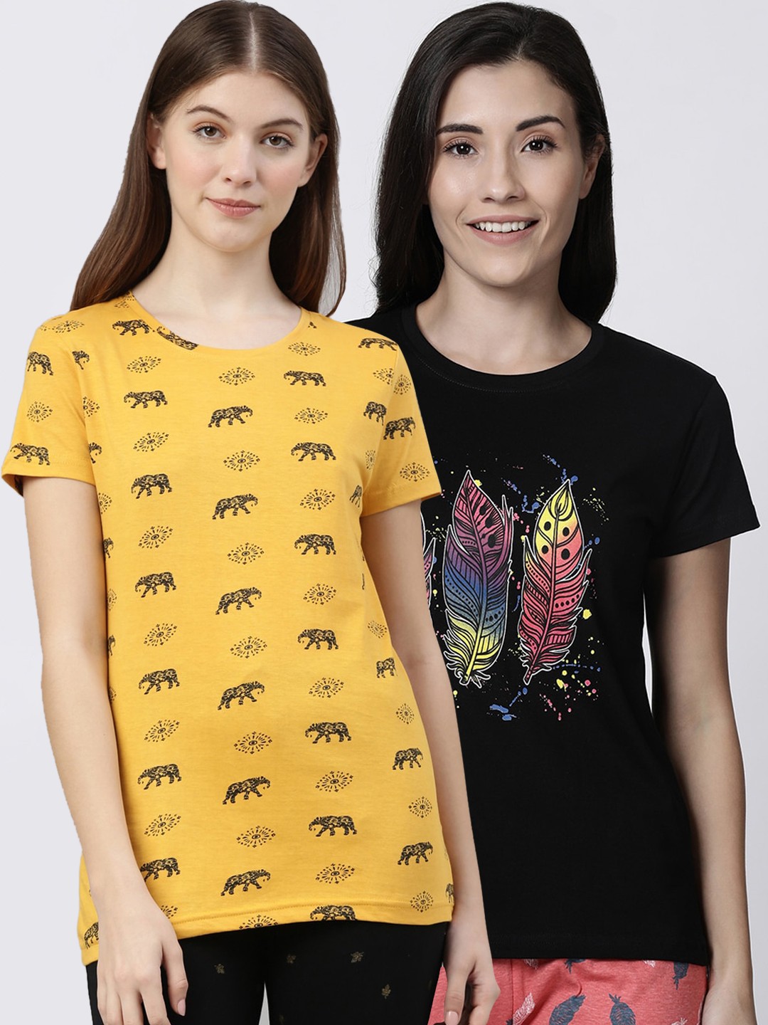 

Kryptic Women Pack Of 2 Black & Mustard Yellow Printed Pure Cotton Lounge T-Shirts