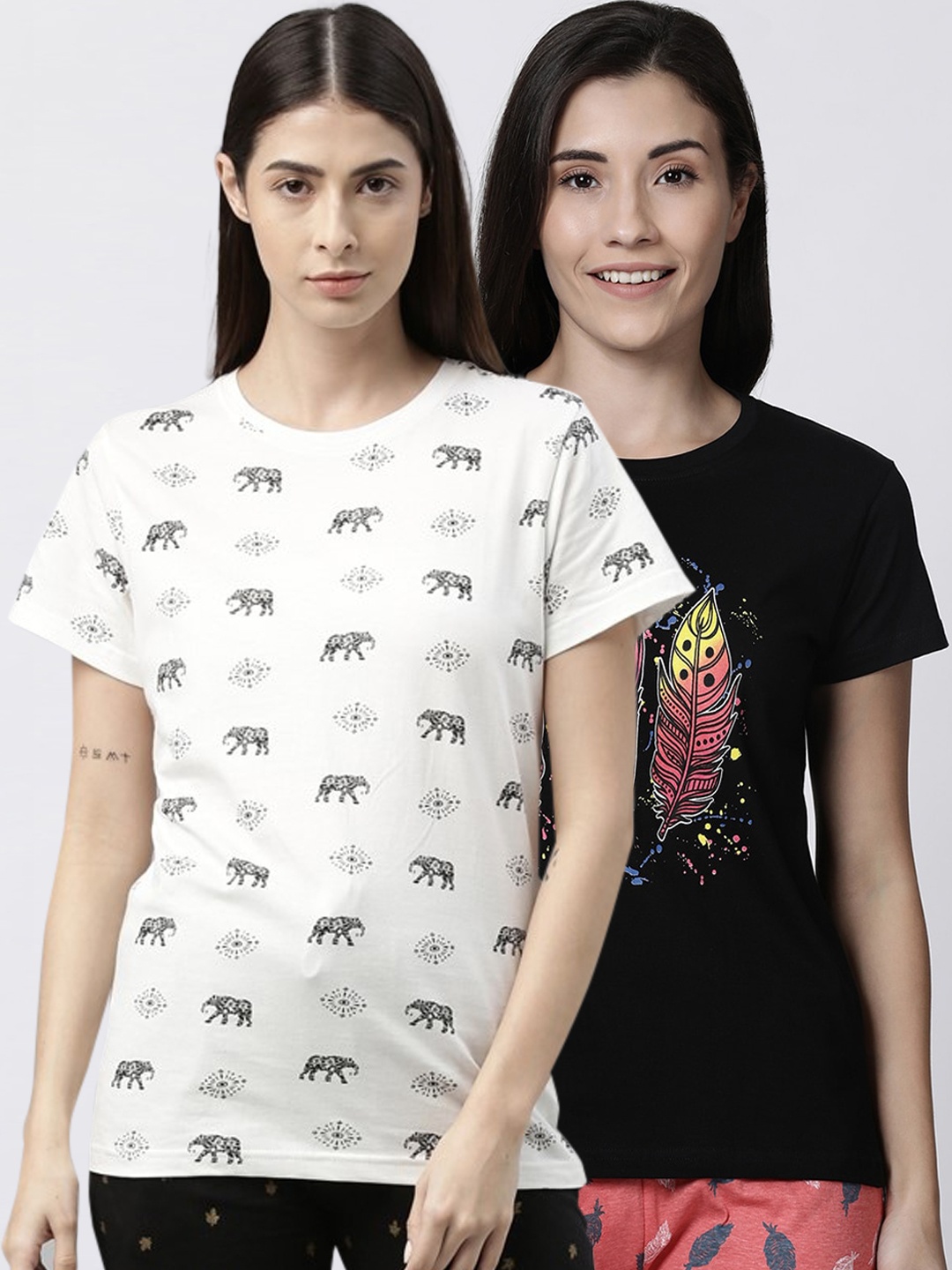 

Kryptic Women Pack Of 2 Printed Pure Cotton Lounge T-Shirts, Black