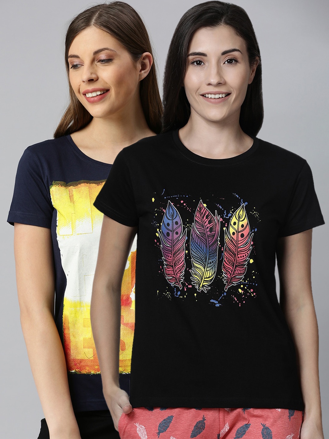 

Kryptic Women Pack Of 2 Printed Pure Cotton T-Shirts, Black