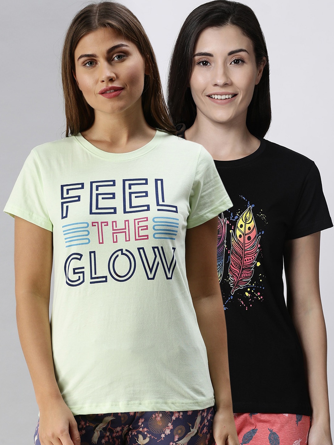 

Kryptic Women Pack Of 2 Printed Pure Cotton Lounge T-Shirts, Black