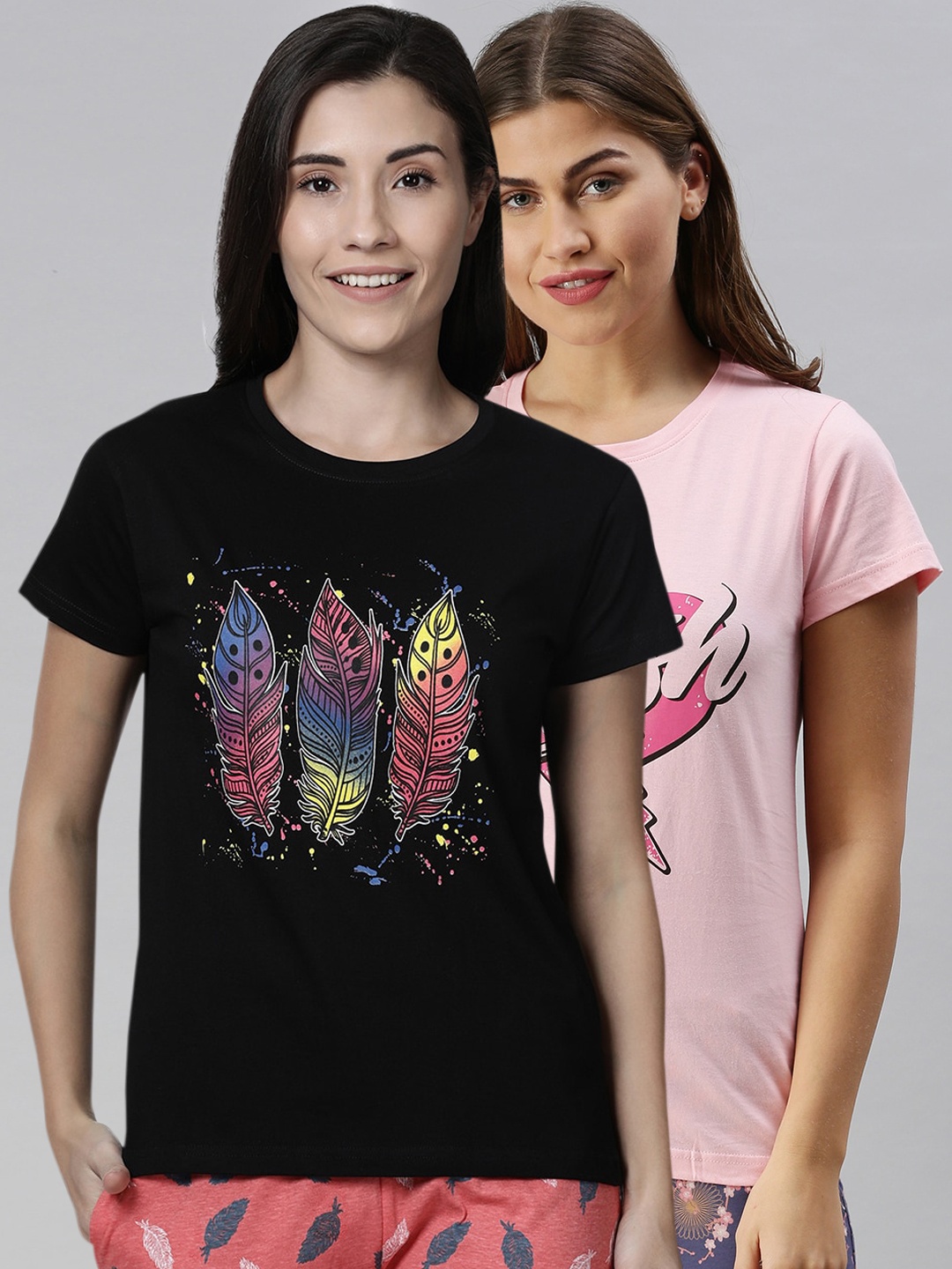 

Kryptic Women Pack Of 2 Black & Pink Printed Cotton Lounge T-Shirts