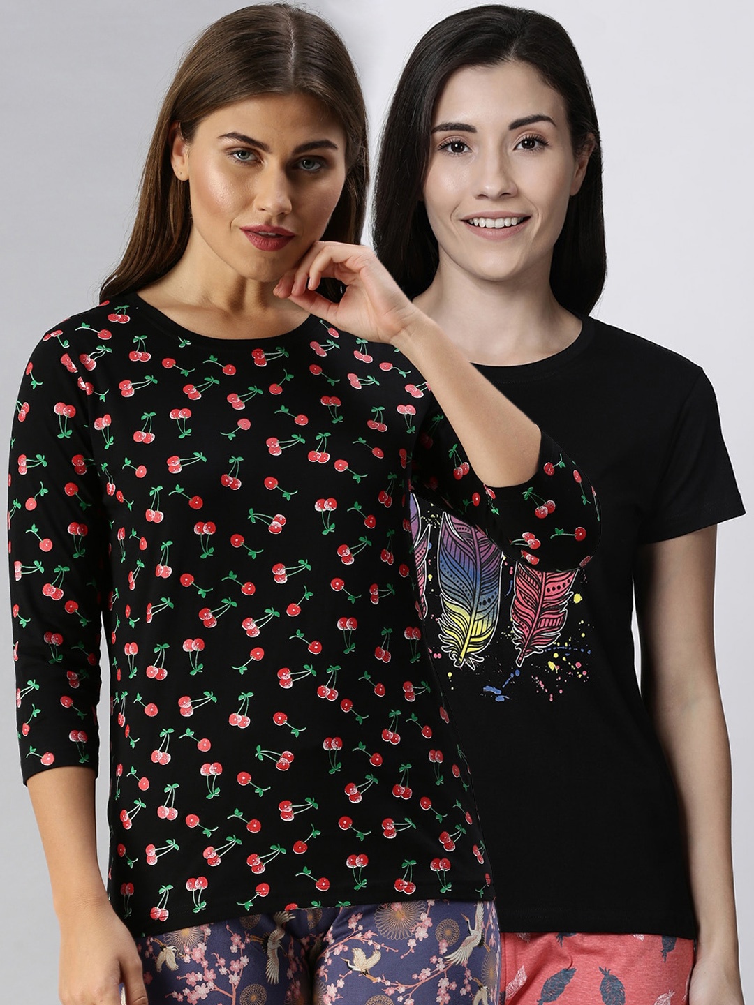 

Kryptic Women Pack Of 2 Black Printed Pure Cotton Lounge T-Shirts
