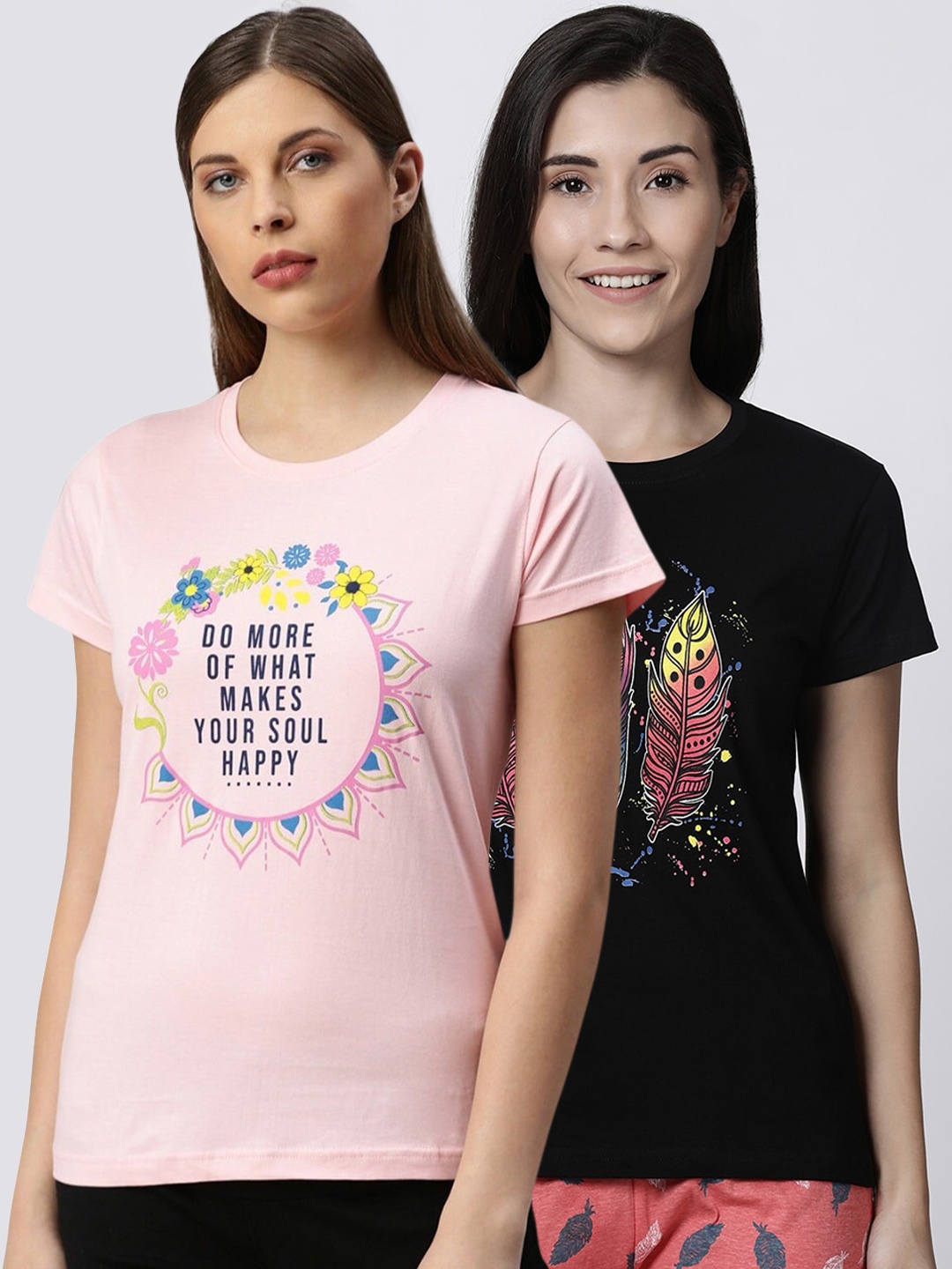 

Kryptic Women Pack Of 2 Printed Pure Cotton Lounge T-Shirts, Black