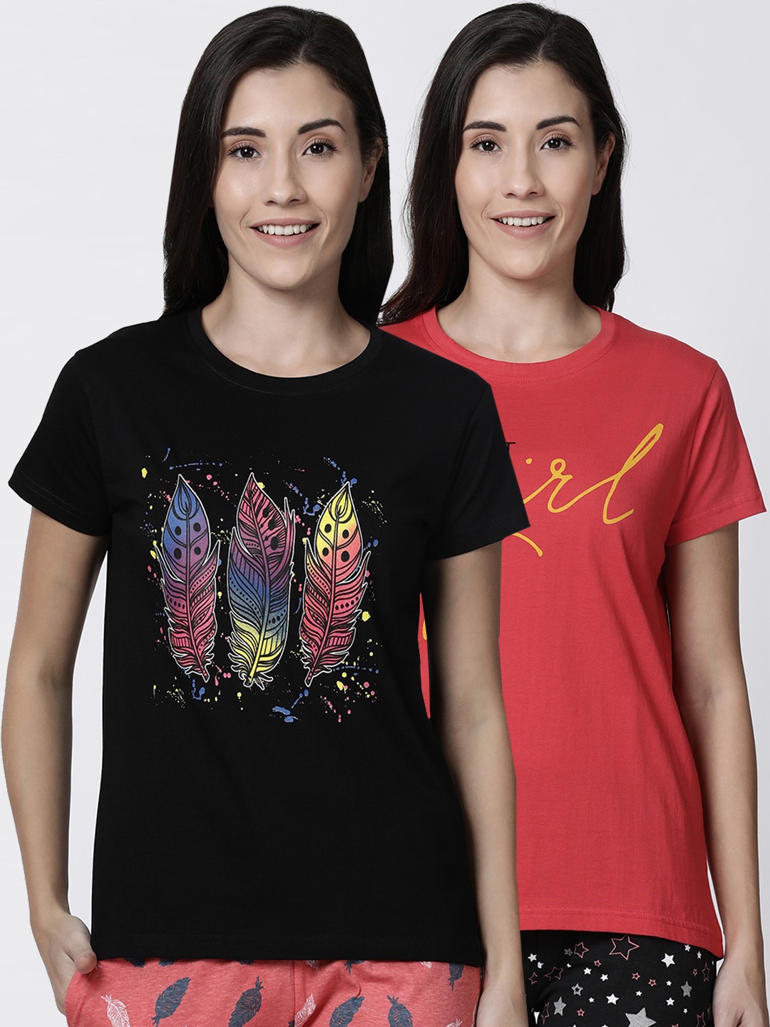 

Kryptic Women Pack Of 2 Printed Pure Cotton Lounge T-Shirts, Black