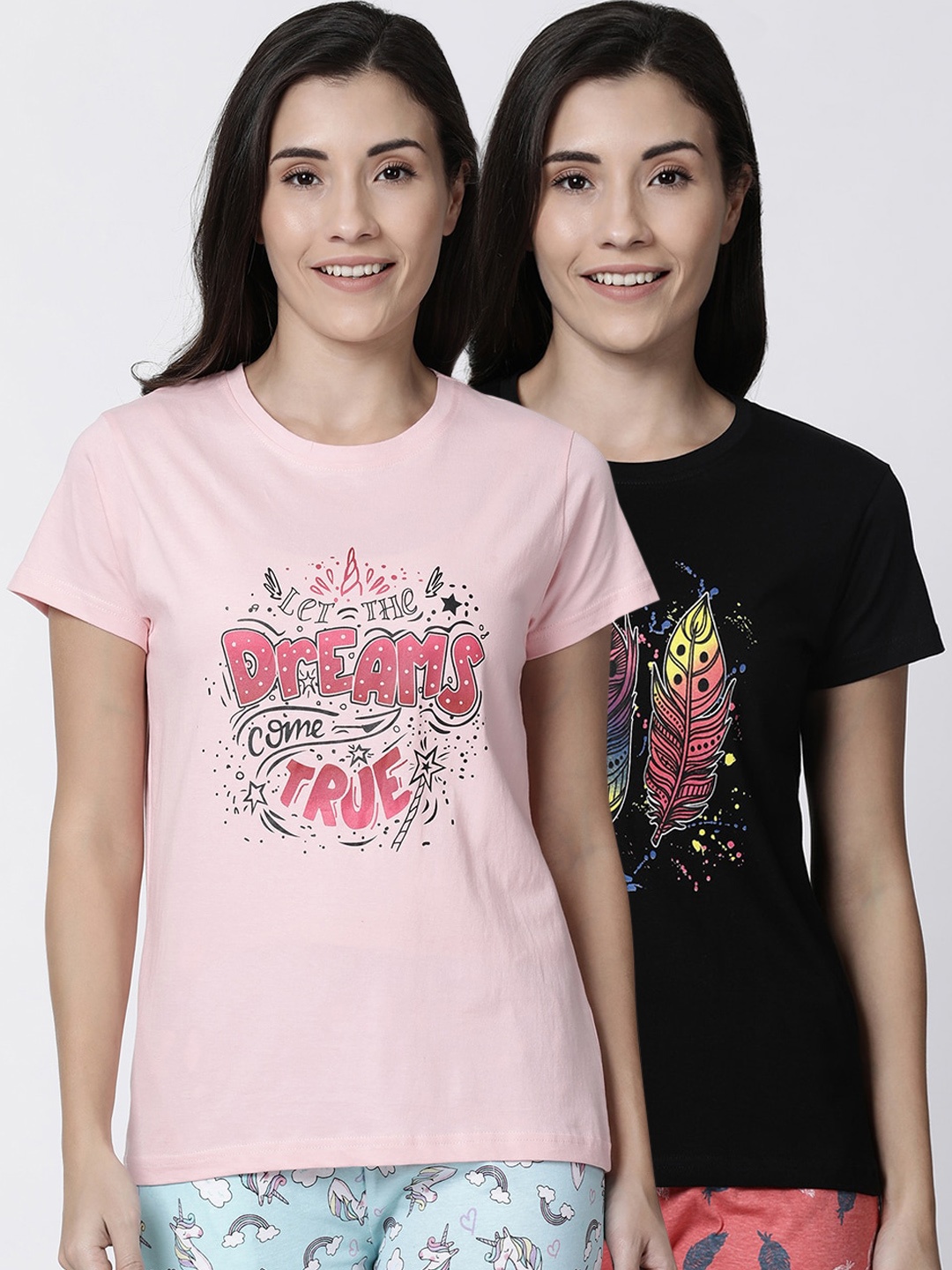 

Kryptic Women Pack Of 2 Printed Pure Cotton T-Shirts, Black