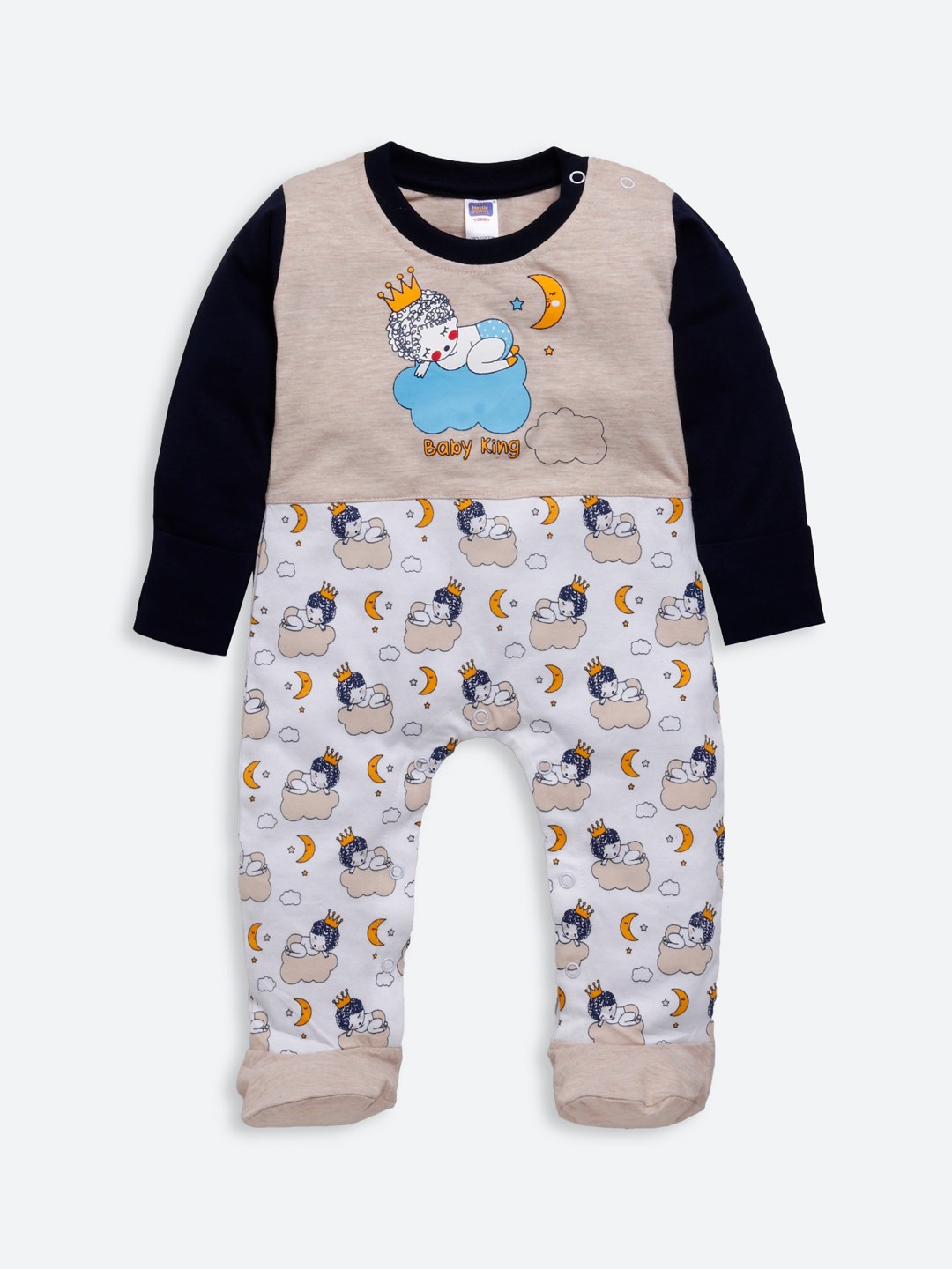 

Nottie Planet Kids Unisex Beige & Black Printed Pure Cotton Rompers
