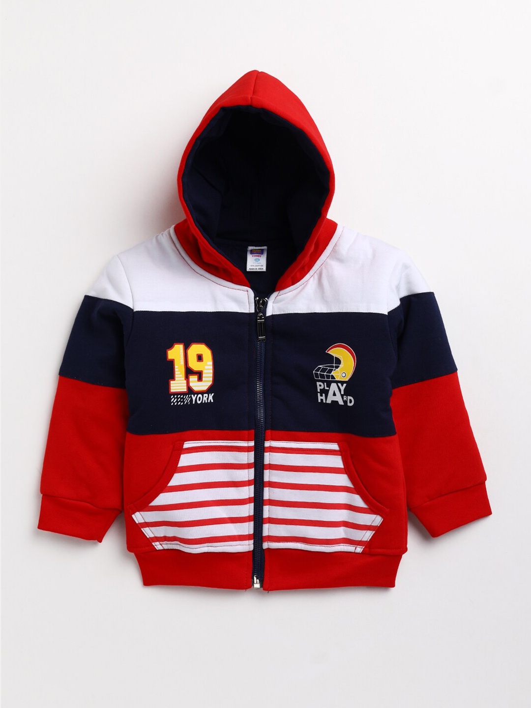 

Nottie Planet Boys Red & Navy Blue Colourblocked Hooded Pure Cotton Sweatshirt