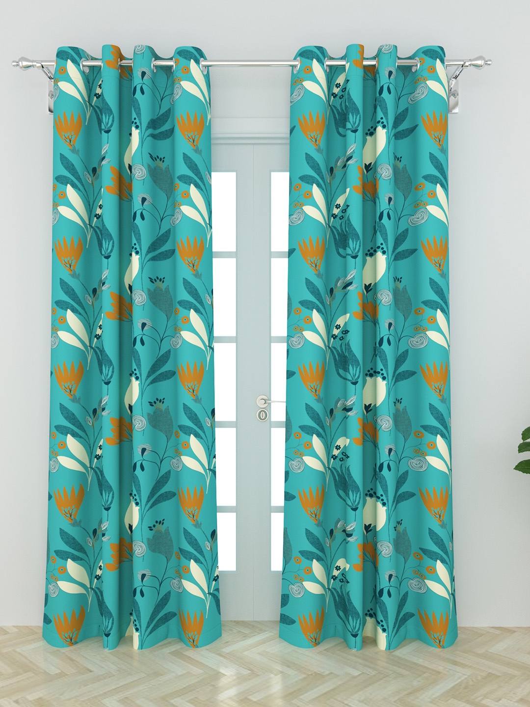 

Home Centre Set of 2 Teal & Yellow Floral Window Curtain