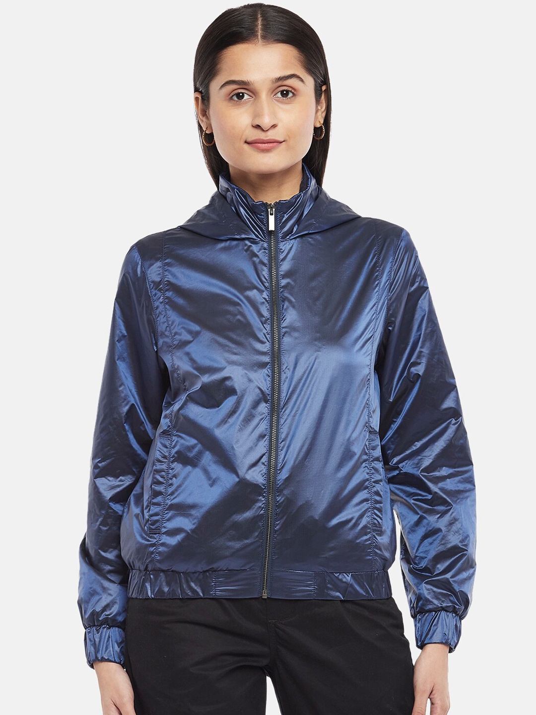 

Honey by Pantaloons Women Navy Blue Floral Crop Bomber with Embroidered Jacket