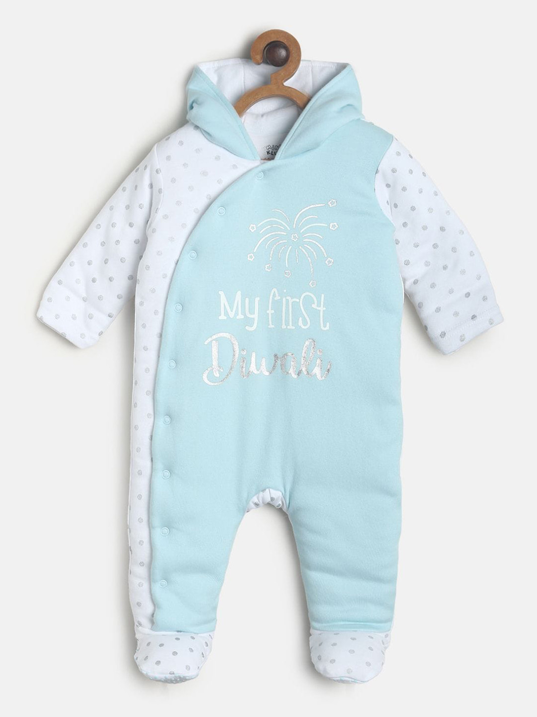 

MINI KLUB Infant Kids Blue & White Printed Hooded Sleepsuit