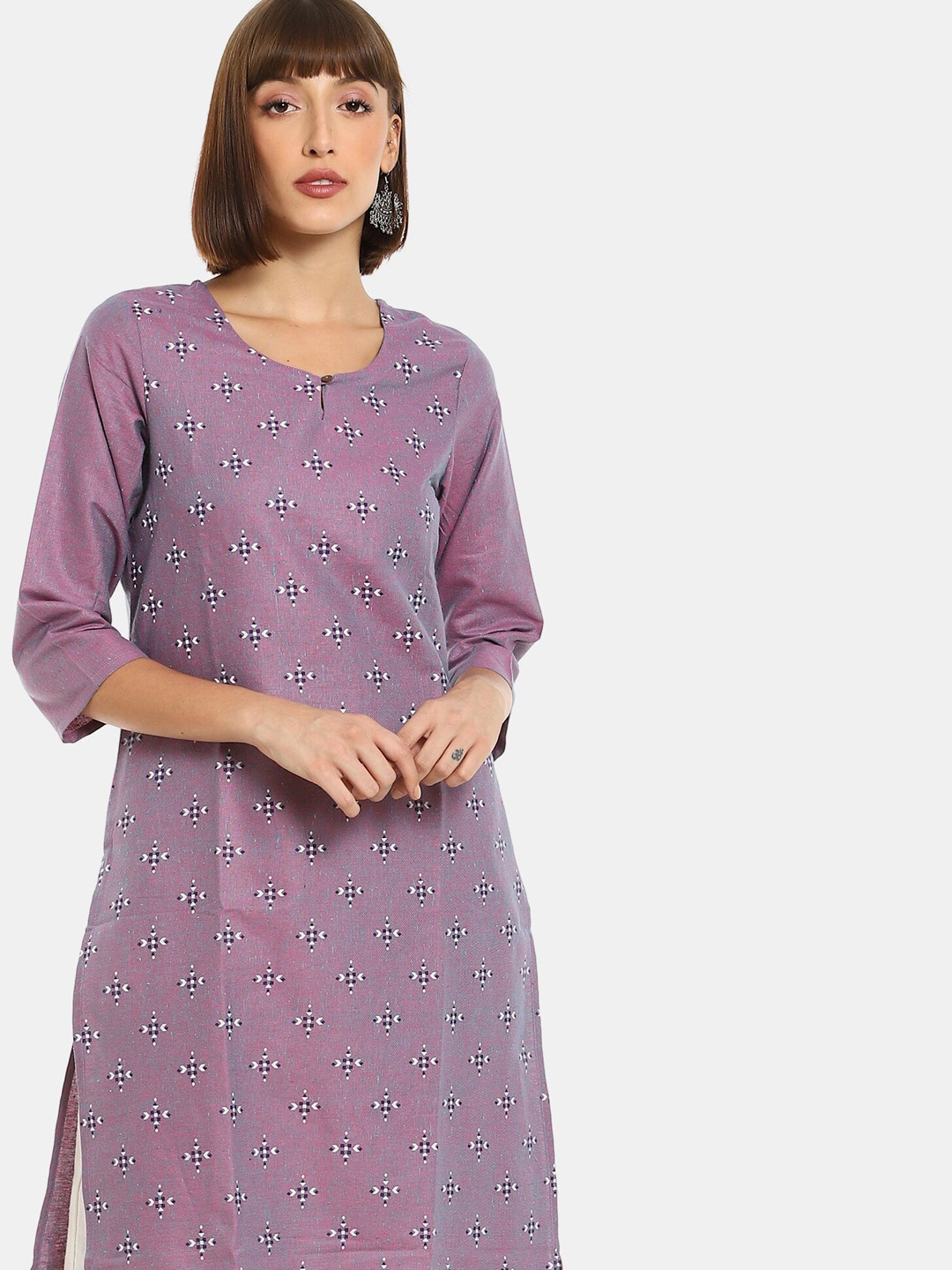 

Karigari Women Purple Geometric Printed Keyhole Neck Kurta