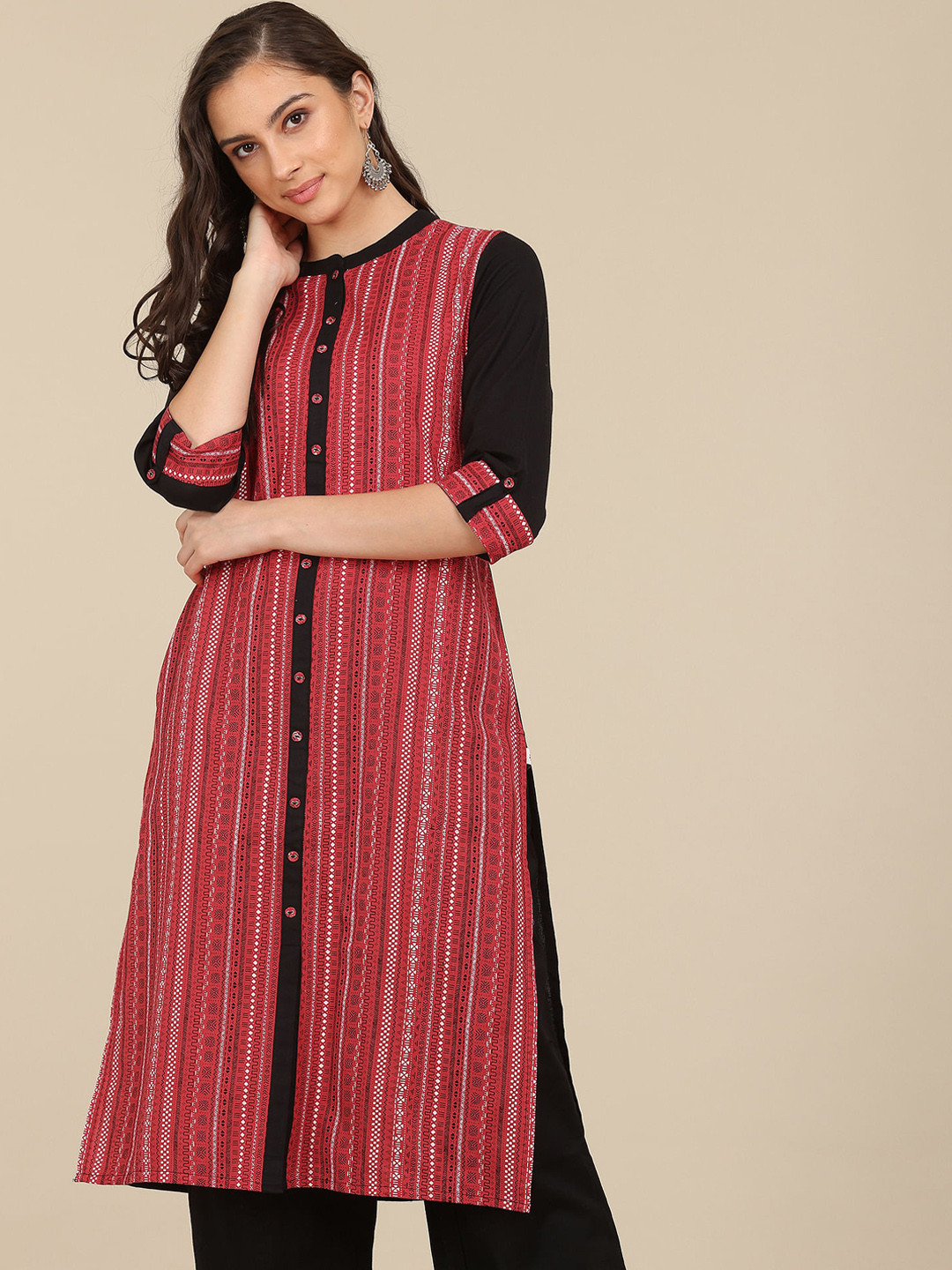 

Karigari Women Red Geometric Striped Kurta