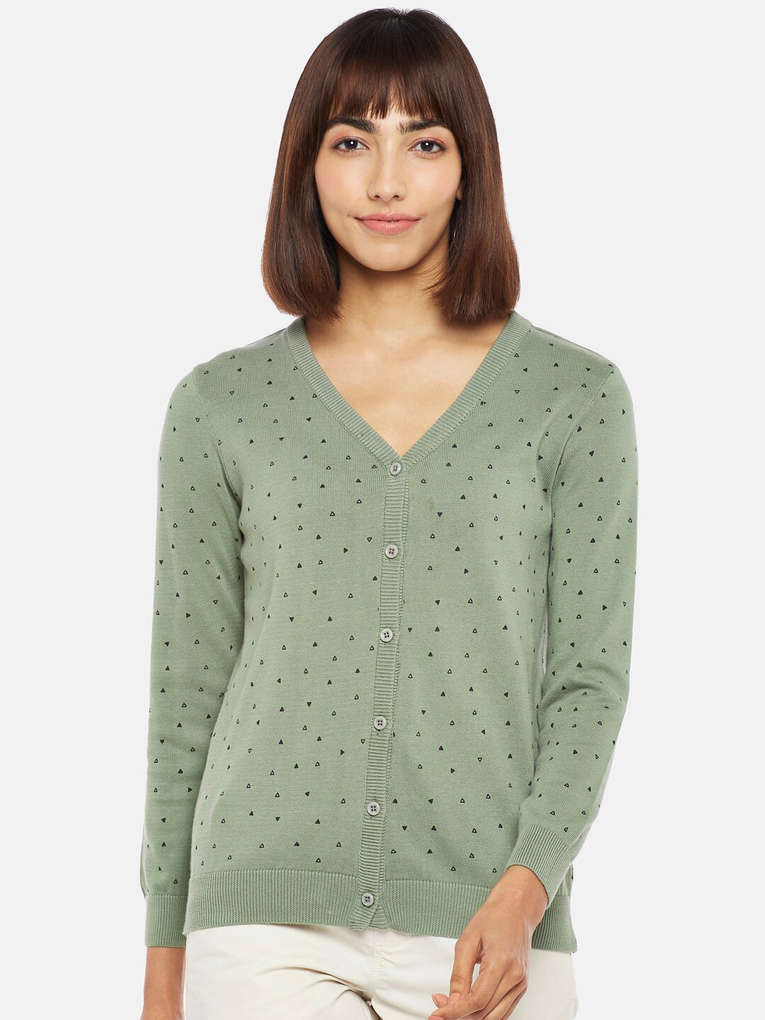 

Honey by Pantaloons Women Olive Green & Black Printed Cardigan