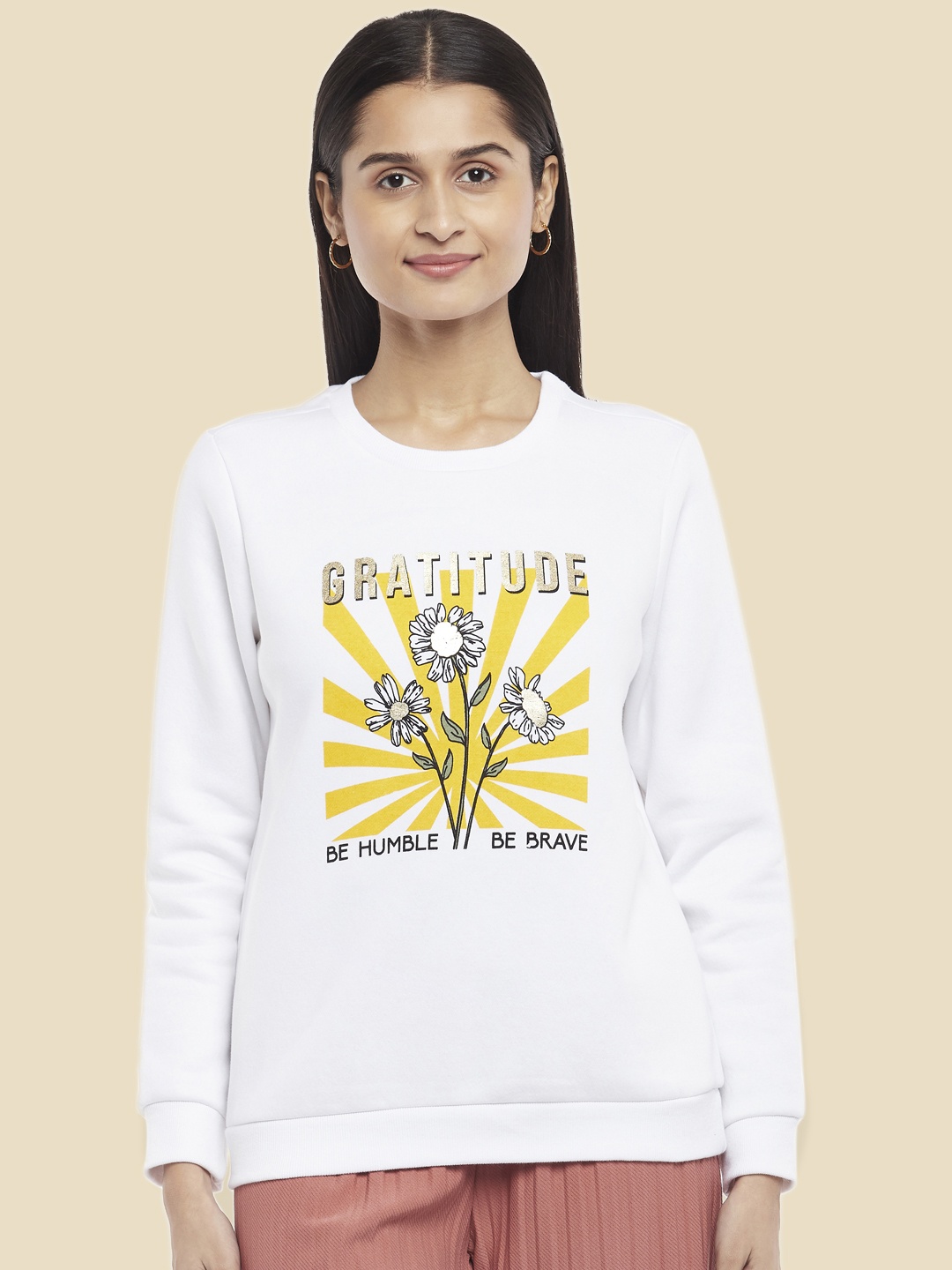

Honey by Pantaloons Women Off White Graphic Printed Pure Cotton Sweatshirt