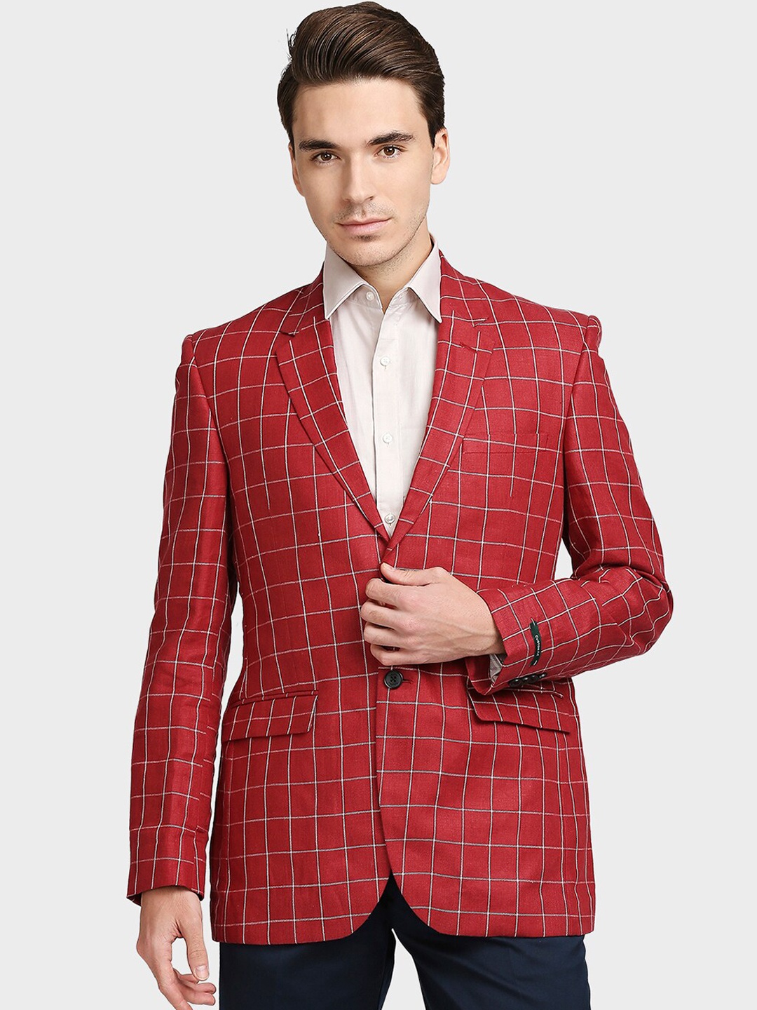 

ColorPlus Men Red & White Checked Linen Single Breasted Blazer