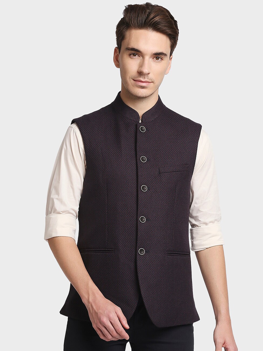 

ColorPlus Men Maroon & Black Woven Design Bandhgala Nehru Jackets
