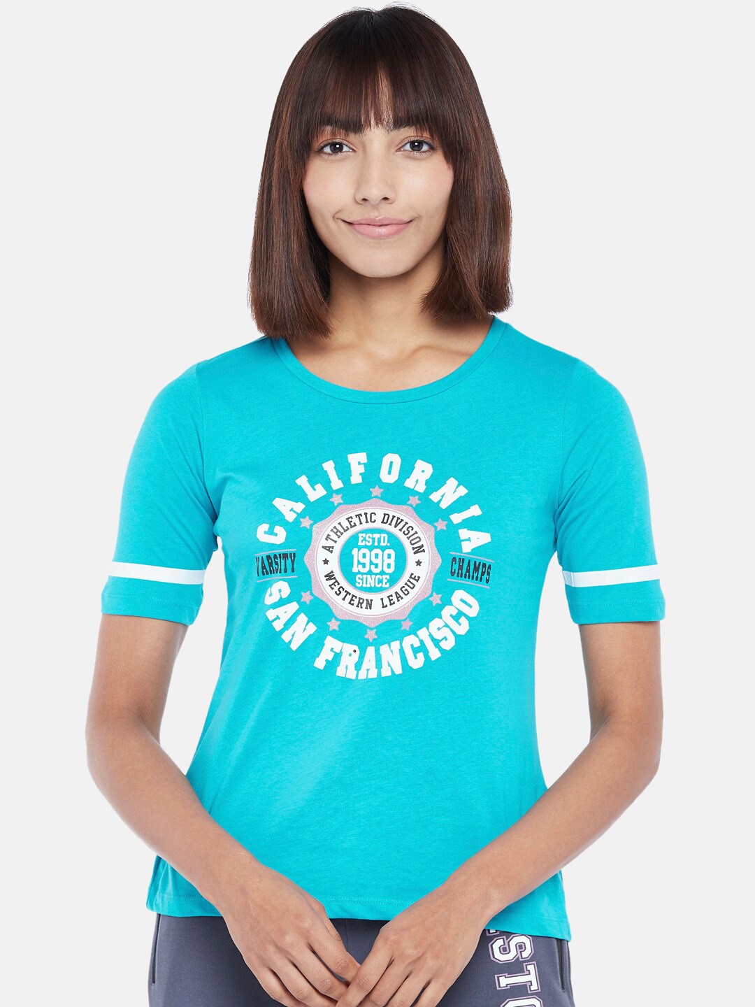 

Ajile by Pantaloons Women Blue Typography Printed Cotton T-shirt