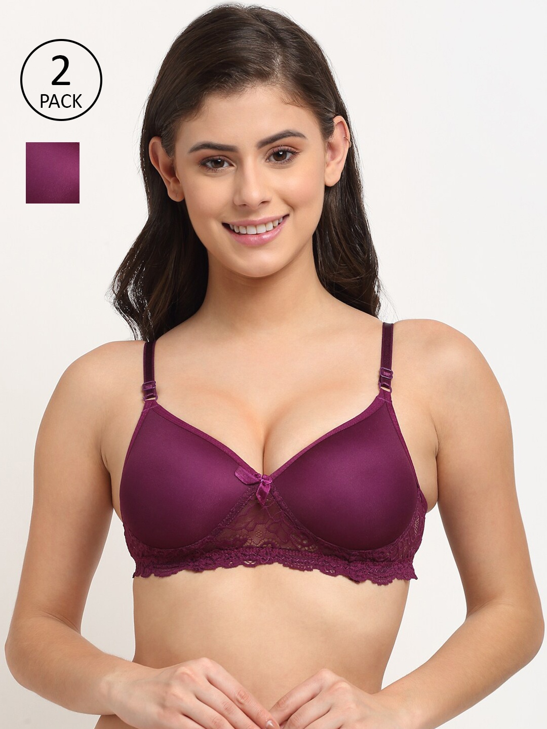 

Friskers Pack of 2 Purple Self Design Non Wired T-shirt Bra