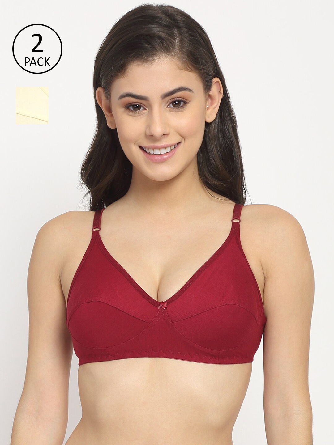 

Friskers Pack Of 2 Beige & Red Balconette Bra - Non Padded